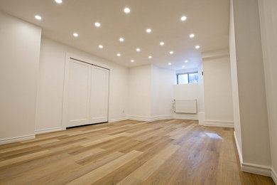 Example of a mid-sized minimalist underground vinyl floor and brown floor basement game room design in Toronto with white walls