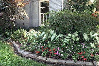 Design ideas for a front yard partial sun garden for summer in Dallas.