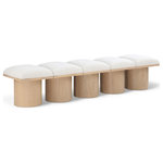 Meridian Furniture - Pavilion Black Boucle Fabric Bench, Cream, Natural Finish, 77.5" W X 18" D X 17.5" H - Bring valuable seating and remarkable style to your space with this cream Pavilion boucle fabric bench, an exquisite balance of style and usability for the entryway, bedroom, and beyond. Crafted from oak veneer with a natural finish, this bench has a 4-inch-thick seat cushion that's channel-tufted for a touch of luxury. The bench's columnar bases add a dash of art deco design, making it a captivating focal point in any room.