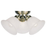 Livex Lighting - Livex Lighting 1358-01 Essex - Three Light Semi-Flush Mount - Canopy Included.  Shade IncludeEssex Three Light Se Antique Brass White  *UL Approved: YES Energy Star Qualified: n/a ADA Certified: n/a  *Number of Lights: Lamp: 3-*Wattage:60w Medium Base bulb(s) *Bulb Included:No *Bulb Type:Medium Base *Finish Type:Antique Brass