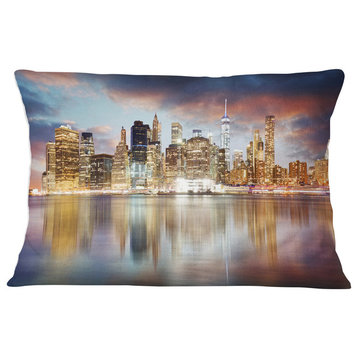 New York Skyline at Sunrise with Reflection. Cityscape Throw Pillow, 12"x20"