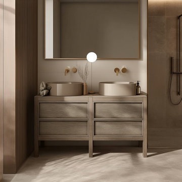 Desert Beige Oak Double Sink Vanity | Freestanding White Oak Bathroom Cabinet |
