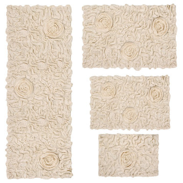 Bell Flower Collection Tufted Bath Rug, 4-Piece Set With Runner, Ivory
