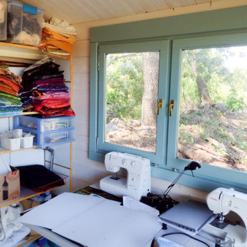 Sewing studio inside cute wooden garden shed