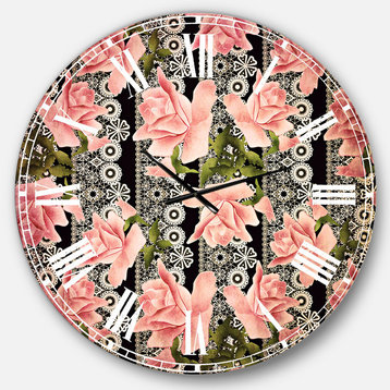 Black Lacy Roses Pattern Digital Art Round Metal Wall Clock, 36x36