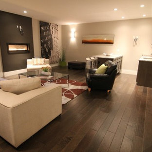 Design ideas for a medium sized contemporary walk-out basement in Vancouver with beige walls, dark hardwood flooring and a ribbon fireplace.