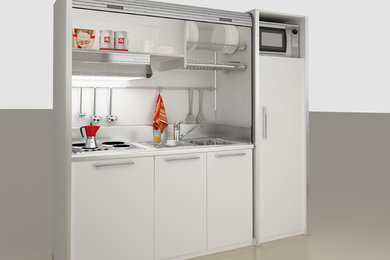 Exemple d'une petite cuisine linéaire tendance avec des portes de placard blanches, un plan de travail en stratifié et aucun îlot.