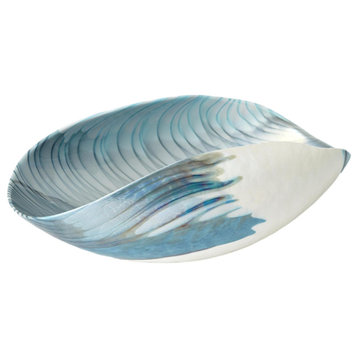 Luxe Small Folded Oval Art Glass Turquoise Swirl Bowl Aqua Blue Feather Ivory