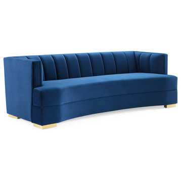 Encompass Channel Tufted Performance Velvet Curved Sofa, Navy