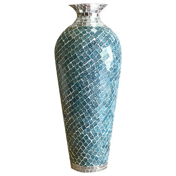 Home Decor Geometric Pattern Metal Floor Vase with Glass Mosaic in Teal & Silver