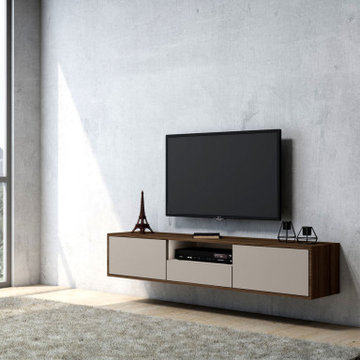TV unit storage drawers open shelf Lincoln walnut supplied by Inspired Elements