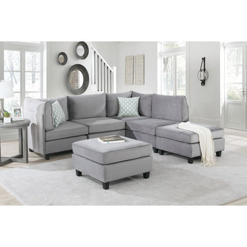 Simona 6 Piece L Shape Flexible Modular Sectional Sofa, Gray Velvet