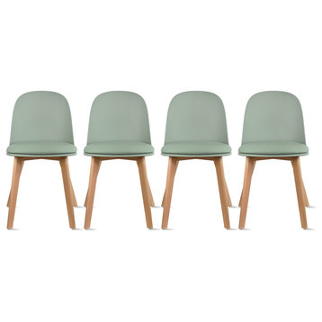 Set of 4 Plastic Chairs With Round Back Faux Leather Padded Seat Wooden Legs, Green
