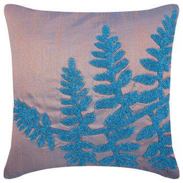 Handmade 20"x20" Floral Blue Art Silk Cushion Cover - Blue Feather