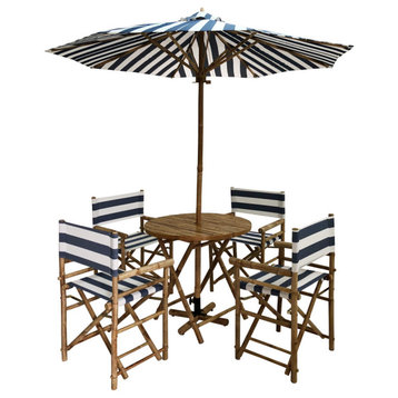Outdoor Patio Set Umbrella Round Table Chairs Folding Dining, Blue White Stripes