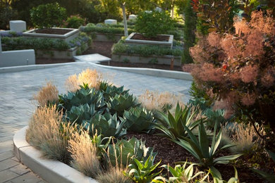 Design ideas for an expansive contemporary front yard full sun driveway for summer in Sacramento with concrete pavers.
