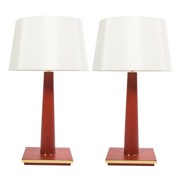 PAIR OF ARMANI CASA "GAMMA" ORANGE LEATHER TABLE LAMPS