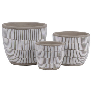 3-Piece Decorative Pot Set With Banded Rim and Embossed Lattice Design, White