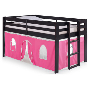 Jasper Twin Junior Loft Bed, Espresso Frame and Pink/White Playhouse Tent