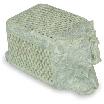 Novica White Elephant Treasure Soapstone Box