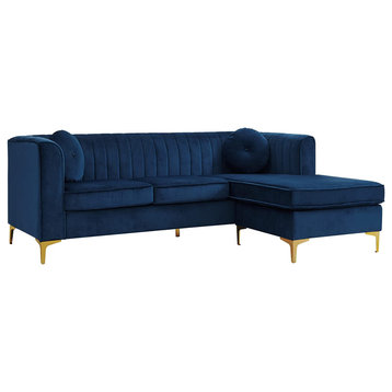 Transitional Sectional Sofa, Golden Legs & Velvet Seat With Channel Tufted Back