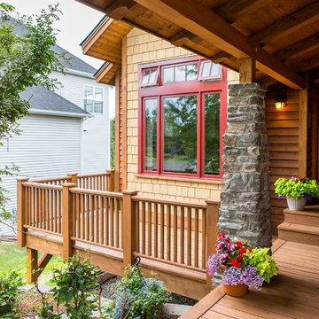 Rustic Entryway, Walkway and Back Decks with Trex Decking and Cedar Railing