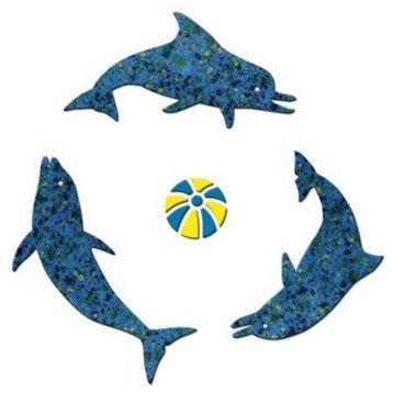 Small Playing Dolphins Ceramic Swimming Pool Mosaic 7.5"x7.5", Light Blue