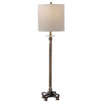 Uttermost - Uttermost Parnell Industrial Buffet Lamp - This buffet lamp has a rustic industrial feel featuring a hammered steel base with a heavily antiqued brass plated finish, paired with a rust black foot with crystal accent. The round hardback shade is a beige linen fabric light slubbing.