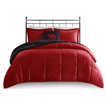 Woolrich Alton Plush to Sherpa Winter Comforter Set, Red, Twin