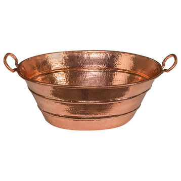 16" Oval Bucket Vessel Hammered Copper Sink with Handles, Polished Copper