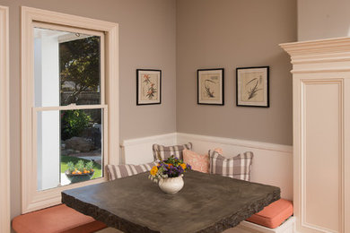 Mid-sized eclectic l-shaped open concept kitchen photo in Other with beaded inset cabinets, white cabinets, granite countertops and an island