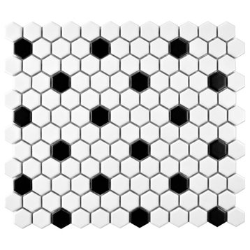 Metro 1" Hex Porcelain Mosaic Floor and Wall Tile, Matte White with Black Dot