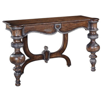 Console Portico Solid Wood Swedish Moss Accents Rustic Pecan Turned