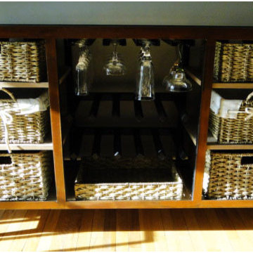 steel buffet table with patina and walnut shelves