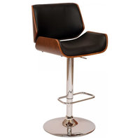 Armen Living London Swivel Barstool In Black PU/ Walnut Veneer and Chrome Base