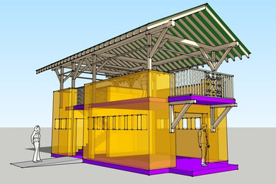 Small tropical yellow two-story stucco exterior home idea in Other with a shed roof