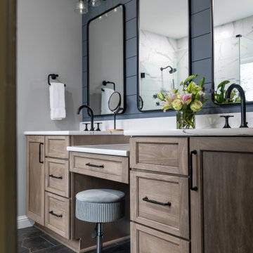 A curated bathroom with clever storage and intricate, artful design