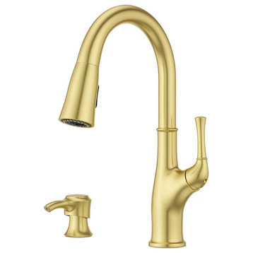 Transitional Kitchen Faucet, Pull Down Sprayer & Soap Dispenser, Brushed Gold