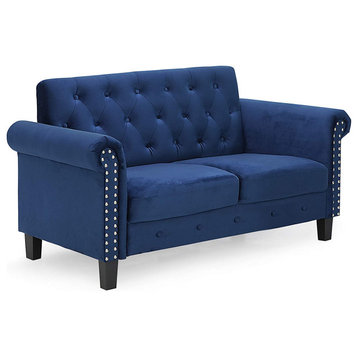 Chesterfield Loveseat, Velvet Seat With Button Tufted Back & Rolled Arms, Navy