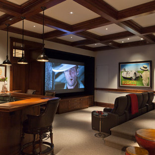 Inspiration for a timeless beige floor home theater remodel in Miami with a projector screen