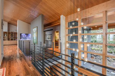 Mid-sized modern hallway in Seattle with multi-coloured walls and medium hardwood floors.