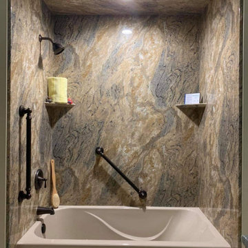 Juparana Granite shower w/ soaker tub & Ceiling Panel