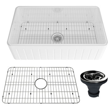 33in Single Bowl Fireclay Farmhouse Apron Kitchen Sink with Grid and Drainer, Glossy White