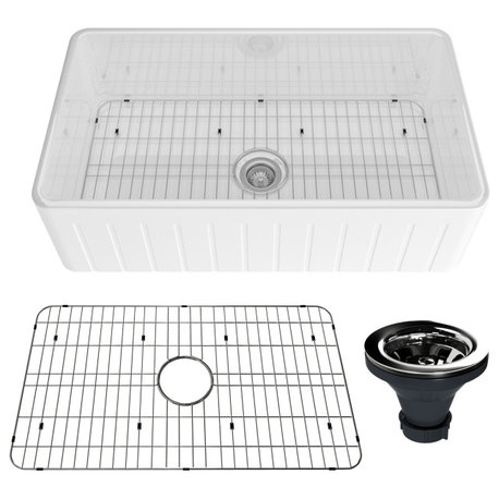 33in Single Bowl Fireclay Farmhouse Apron Kitchen Sink with Grid and Drainer, Glossy White