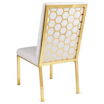 Andes Dining Chairs, Set of 2 Gold Frame With Pattern Back, White Faux Leather