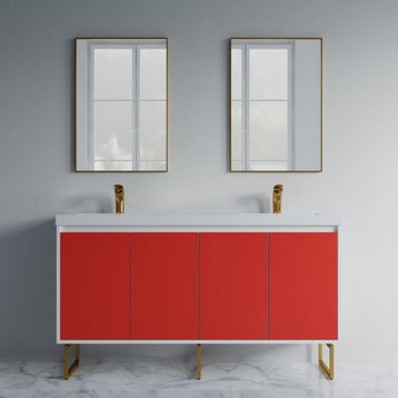 Dello 60" Double Bathroom Vanity Set With Rectangle Legs, Red