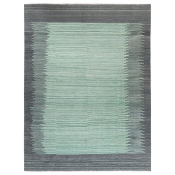 Light Green With Nomadic Design Flat Weave Kilim Hand Woven Rug, 9'2" x 12'0"