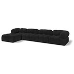 Meridian Furniture - Ames Boucle Fabric L-Shaped Modular Sectional, Black, 5-Piece: 2 Armless Chair, 2 Corner Chair, 1 Ottoman - Introduce a touch of modern sophistication to your living area with the exquisite Ames Boucle Fabric Sectional. With plush black boucle fabric and unique design, it will elevate the visual appeal of your living space. This elegant and captivating sectional can be mixed and matched with other pieces from the collection to create an endless array of stunning looks. So, get ready to transform your living area into an inviting and stylish haven with the Ames Boucle Fabric Sectional.