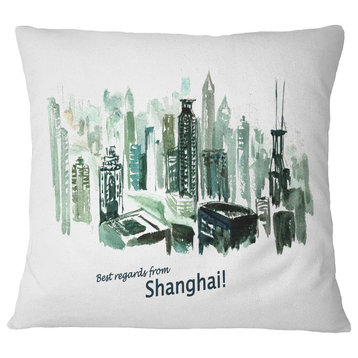 Shanghai Vector Illustration Cityscape Painting Throw Pillow, 16"x16"