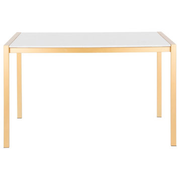 Contemporary Dining Table, Gold Finished Metal Legs & Elegant White Marble Top
